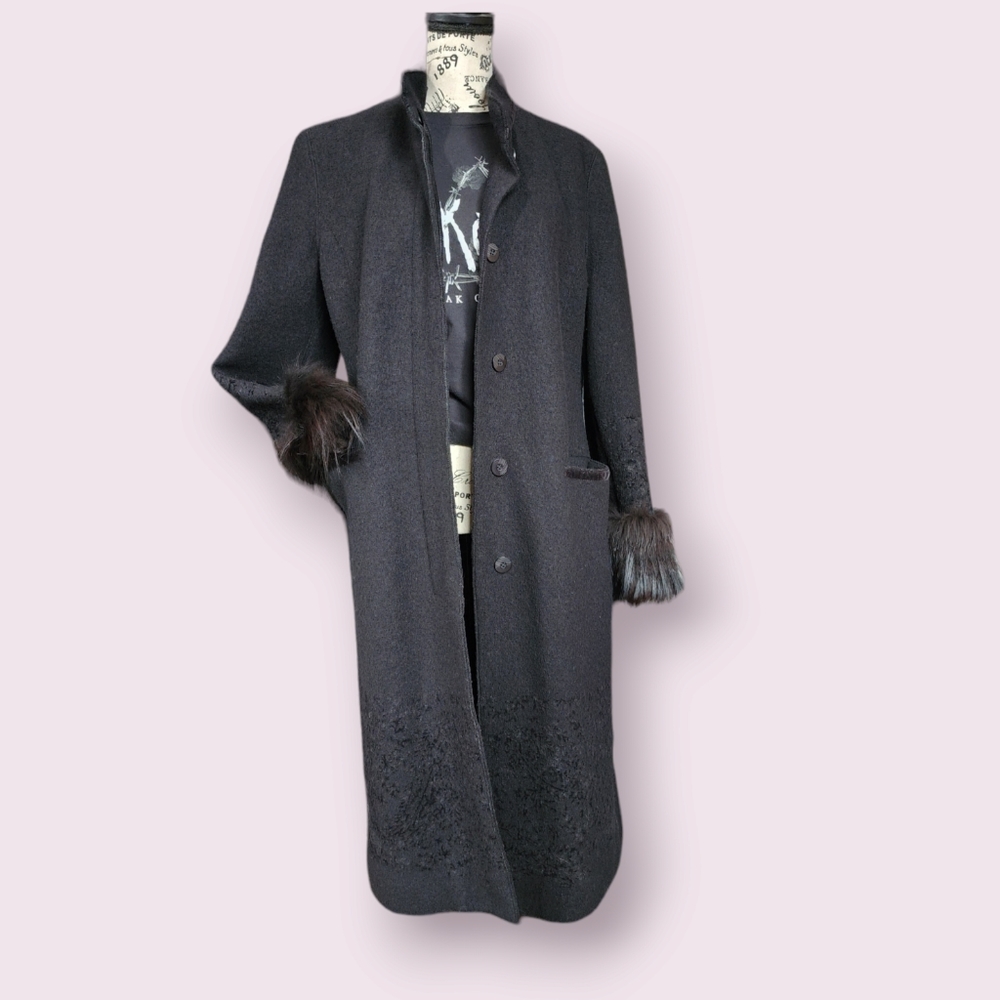 Hilary Radley Wool Long Trench‎ Coat Faux Fur Trim sz 6 black